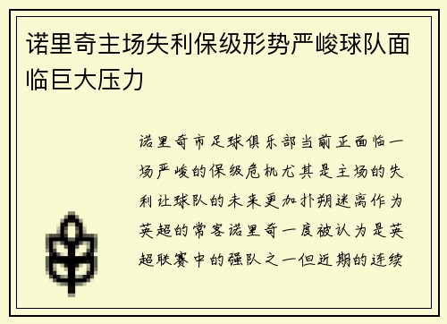 诺里奇主场失利保级形势严峻球队面临巨大压力