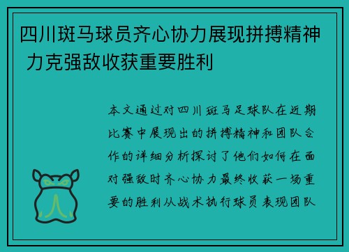 四川斑马球员齐心协力展现拼搏精神 力克强敌收获重要胜利