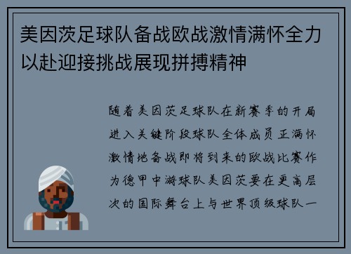 美因茨足球队备战欧战激情满怀全力以赴迎接挑战展现拼搏精神
