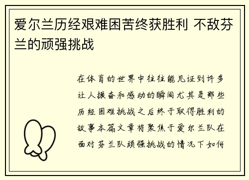 爱尔兰历经艰难困苦终获胜利 不敌芬兰的顽强挑战