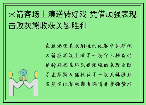 火箭客场上演逆转好戏 凭借顽强表现击败灰熊收获关键胜利
