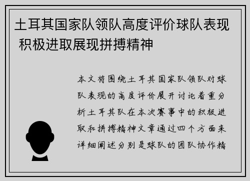 土耳其国家队领队高度评价球队表现 积极进取展现拼搏精神
