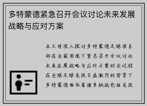 多特蒙德紧急召开会议讨论未来发展战略与应对方案