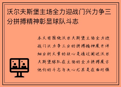 沃尔夫斯堡主场全力迎战门兴力争三分拼搏精神彰显球队斗志