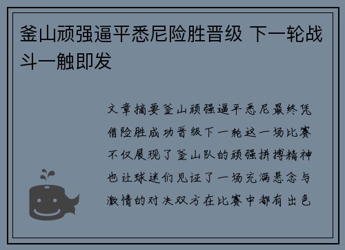 釜山顽强逼平悉尼险胜晋级 下一轮战斗一触即发
